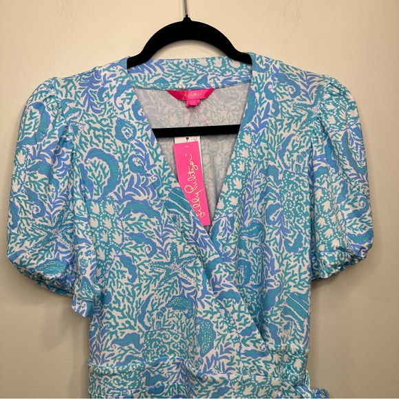 Lilly Pulitzer Sailynn Blue Whte Puff Sleeve Wrap Romper Size M NWT MSRP $168 - Picture 3 of 12